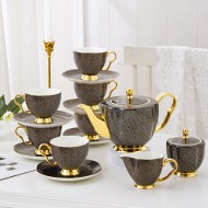 Gold Gilded Bone China Tea Set with Black Gold Infinite Grid Coffee Set Tea Set with Pot 15 Pcs