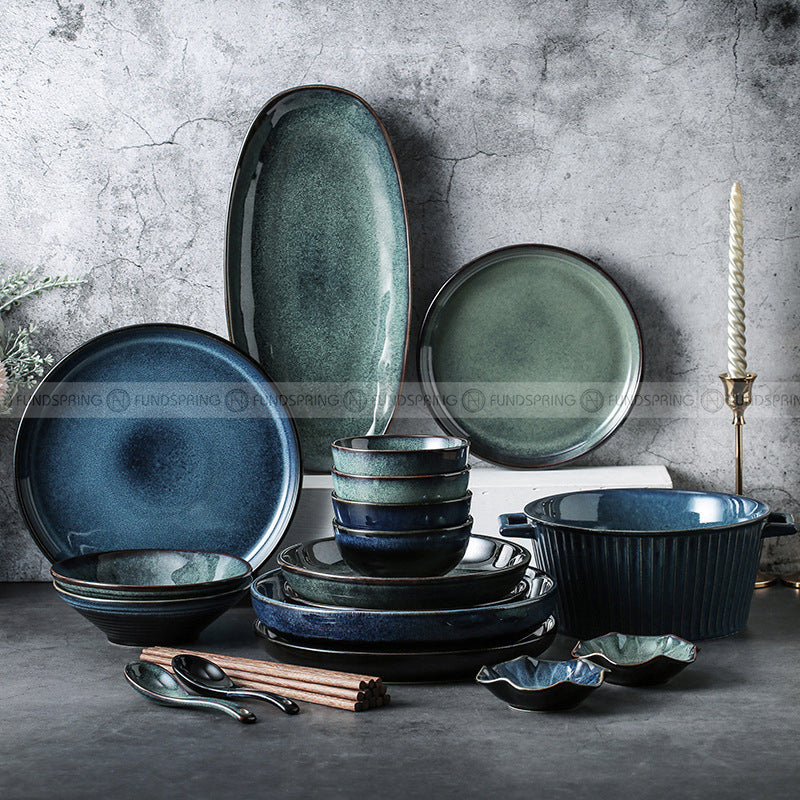 Kiln Change Ceramic Tableware Classical Blue/Green Dinnerware Set