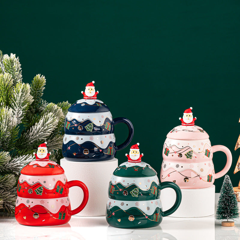 Ceramic Christmas Tree Mug Set with Lid and Spoon - Festive Household Coffee Cup Gift