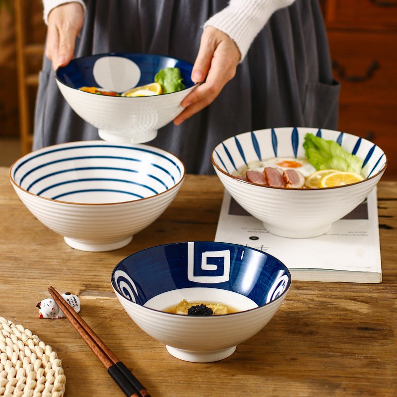 Artistry in Bowls: Japanese Style Underglaze Ceramic Dinner Bowls Set of 4