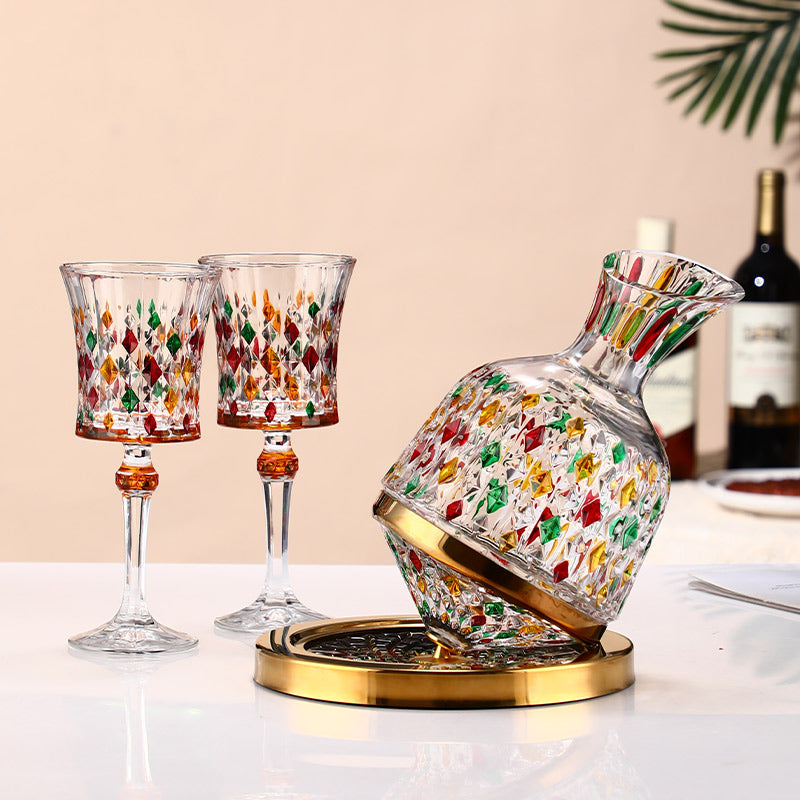 Gyro Decanter with Painted Diamond Colored Wine Glass Wine Deck Set Engraved Glass