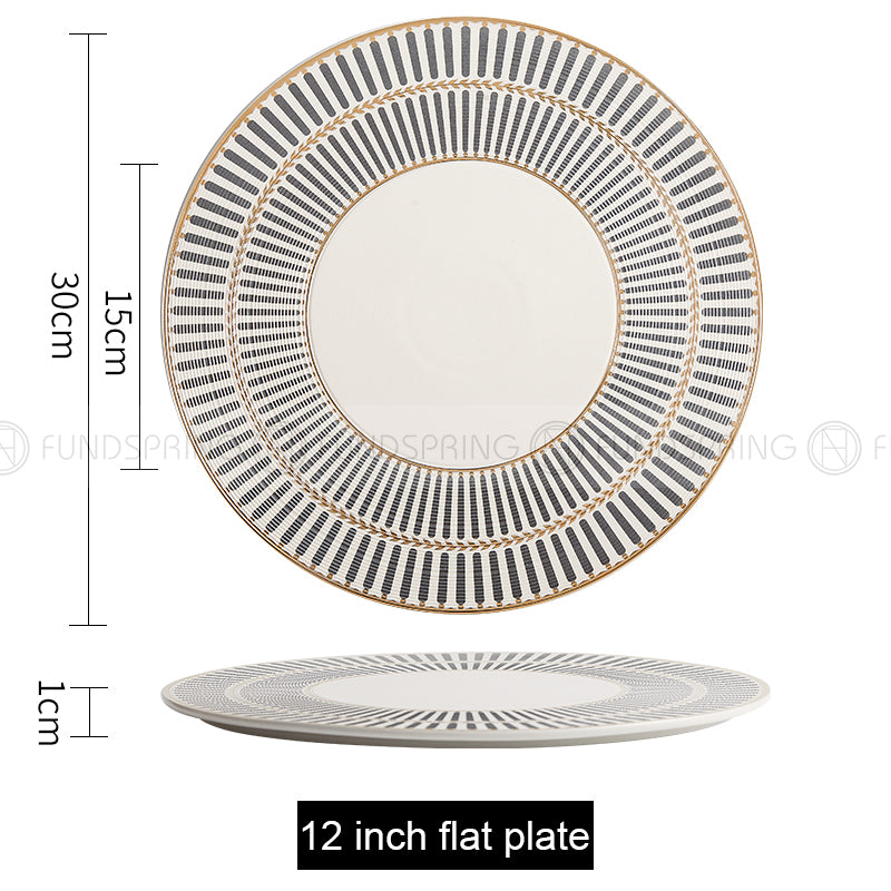 Designer Dinnerware Collection Weiss Series Grey/White with Gold Ring Ceramic Shallow Plate Designer Dinnerware Collection Weiss Series Grey/White with Gold Ring Ceramic Shallow Plate