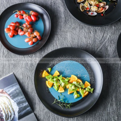 Creative Ceramic Plate Black with Blue Shallow Plate Round/Triangle Plate Platter Creative Ceramic Plate Black with Blue Shallow Plate Round/Triangle Plate Platter