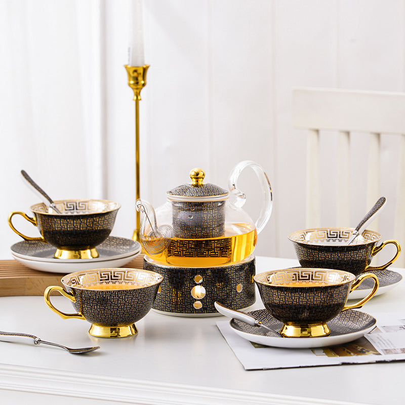 Bone China Tea Set with Infuser and Warmer Black Gold Infinite Grid Flower Coffee Set - 14 Pcs