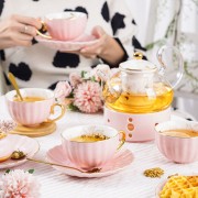 Pumpkin Teapot Set with Infuser and Warmer Ladies Pink Glass Bone China Tea Set - 10 Pcs