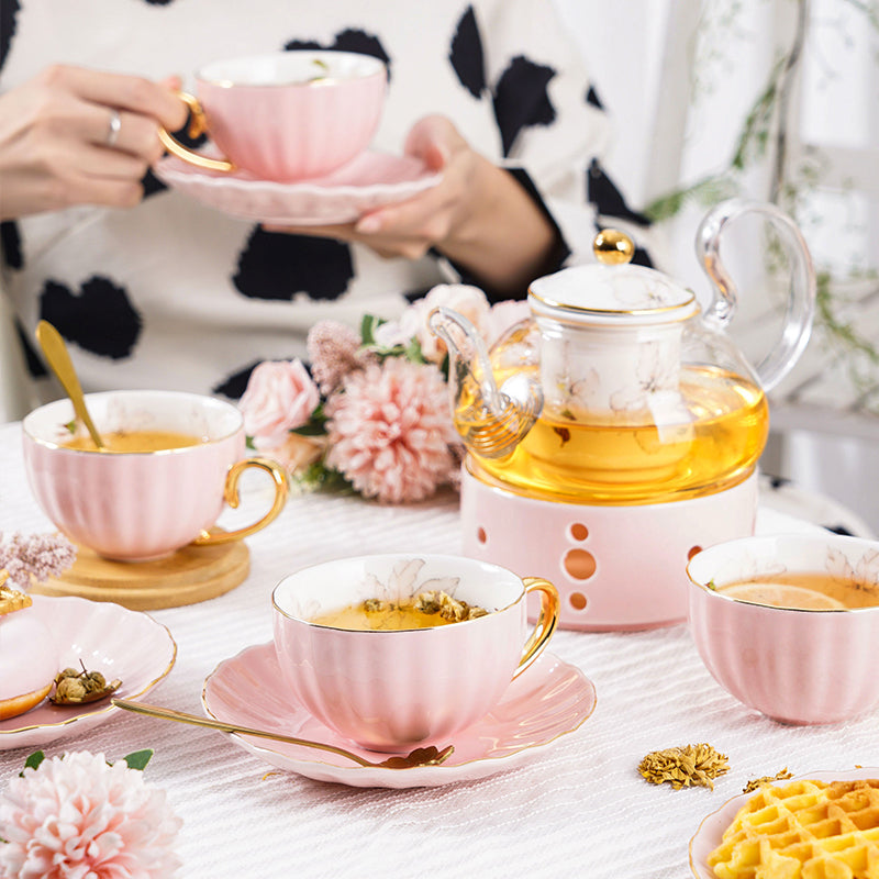 Pumpkin Teapot Set with Infuser and Warmer Ladies Pink Glass Bone China Tea Set - 10 Pcs Pumpkin Teapot Set with Infuser and Warmer Ladies Pink Glass Bone China Tea Set - 10 Pcs