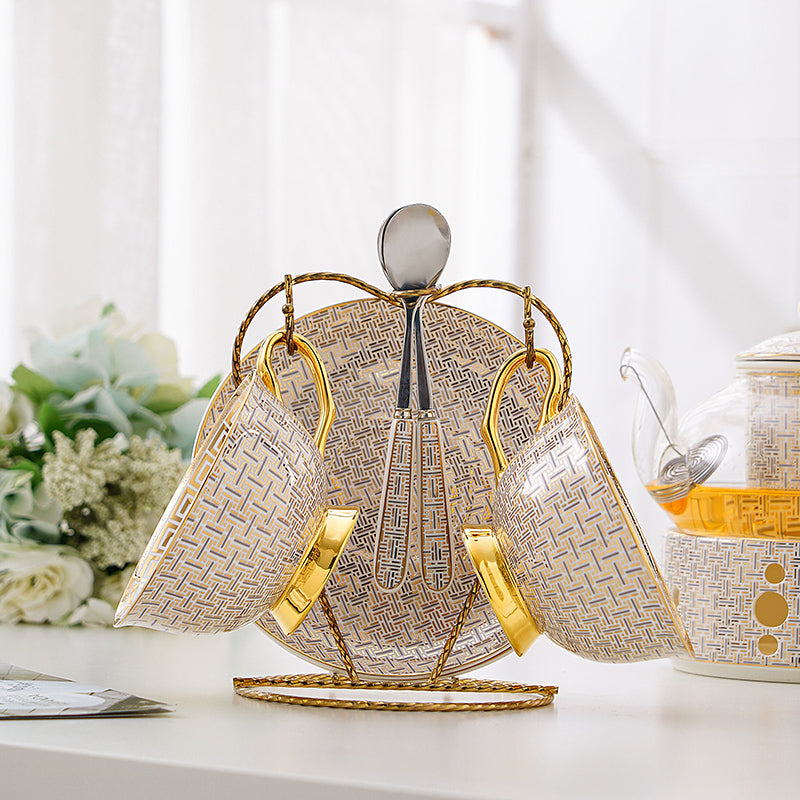 Tea Set with Infuser and Warmer Grey Gold Infinite Grid Bone China Flower Teapot Set - 14 Pieces Tea Set with Infuser and Warmer Grey Gold Infinite Grid Bone China Flower Teapot Set - 14 Pieces