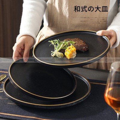 Ceramic Round Plate With Golden Edge Frosted Black Plates Flat Plates Ceramic Round Plate With Golden Edge Frosted Black Plates Flat Plates