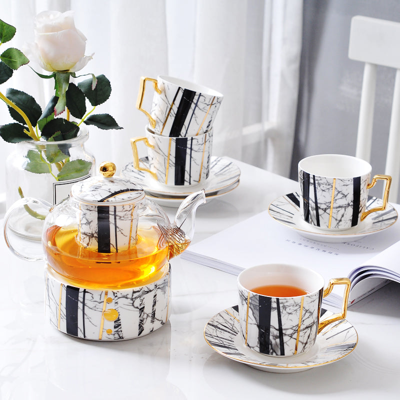 Bone China Tea Set with Infuser and Warmer, Marble Pattern, Glass Teapot and Tea Cups with Saucers - Set of 10 Bone China Tea Set with Infuser and Warmer, Marble Pattern, Glass Teapot and Tea Cups with Saucers - Set of 10