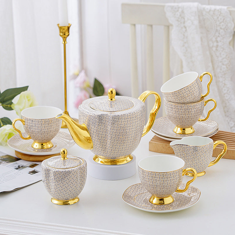 Bone China Coffee and Tea Set Gold Gilded Elegant Grey and Gold Infinite Grid - 15 Pieces