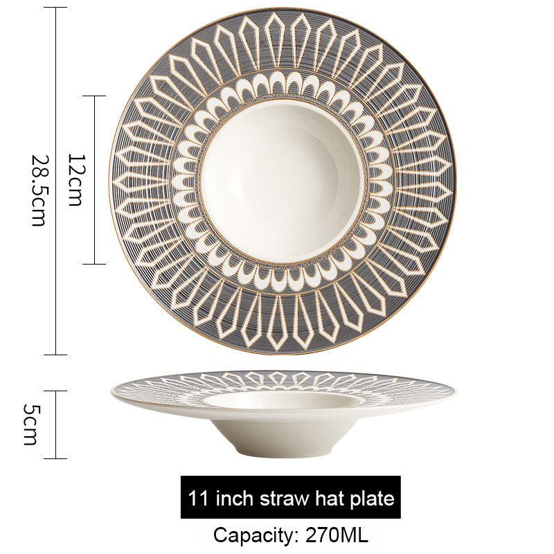 Nordic Straw Hat Plate Weiss Series Ceramic Soup Plate Shallow Bowl White/Grey/Gold 11" Nordic Straw Hat Plate Weiss Series Ceramic Soup Plate Shallow Bowl White/Grey/Gold 11"