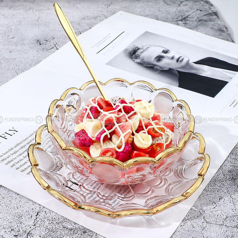 Nordic Minimalist Golden-Rim Glass Fruit Bowl and Salad Plate Set Nordic Minimalist Golden-Rim Glass Fruit Bowl and Salad Plate Set
