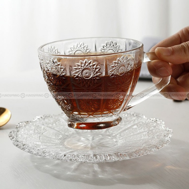 Crystal Glass Embossed Sun Flower Coffee Mug Cup and Saucer Set