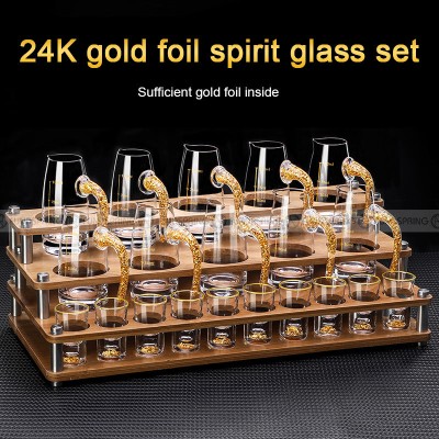 Golden Elegance: Baijiu Glass Spirit Cups Ensemble with Dispenser and Rack Golden Elegance: Baijiu Glass Spirit Cups Ensemble with Dispenser and Rack