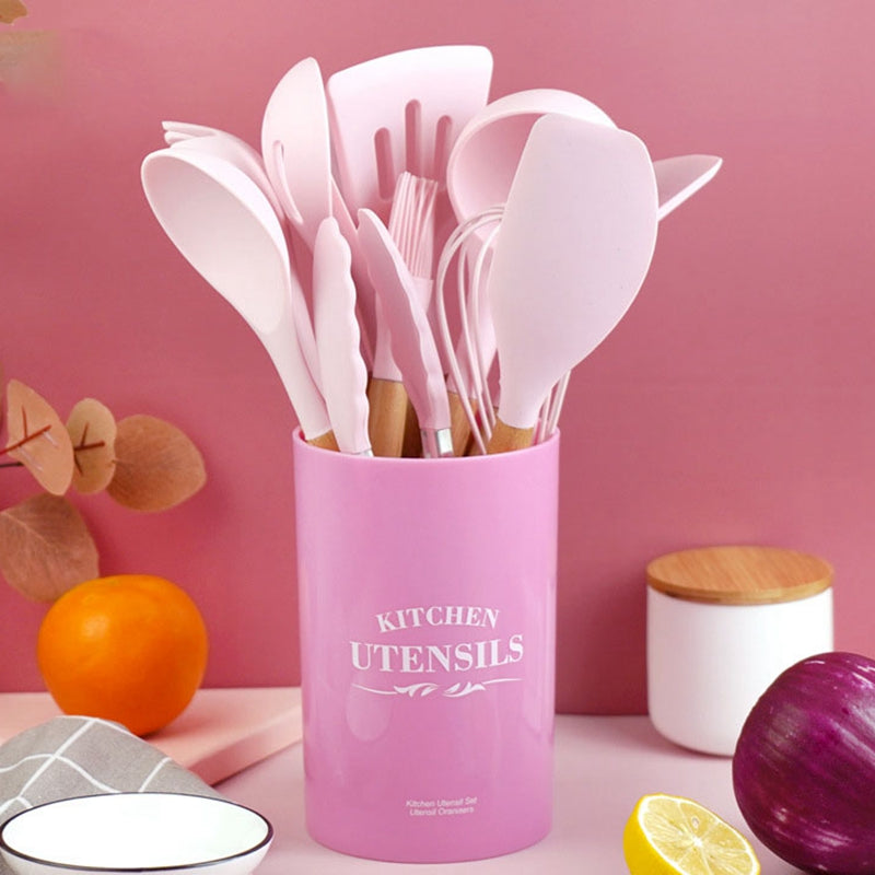 Sophisticated Silicone Kitchenware Set with Wooden Handles for Culinary Excellence