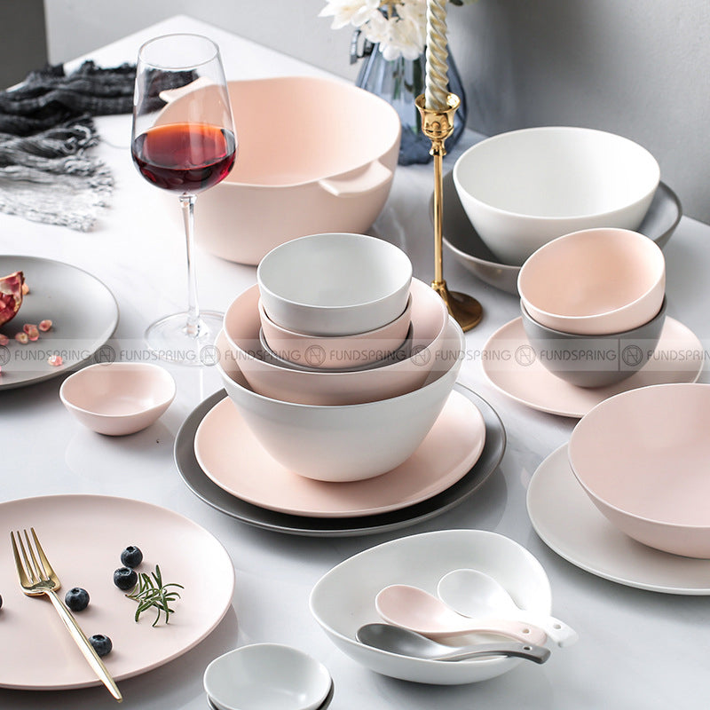 Nordic Morandi Matte Dinnerware Pink/White/Grey Ceramic Tableware Set