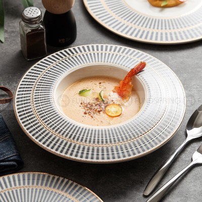 Designer Dinnerware Collection Weiss Series Grey/White with Gold Ring Ceramic Shallow Plate Designer Dinnerware Collection Weiss Series Grey/White with Gold Ring Ceramic Shallow Plate