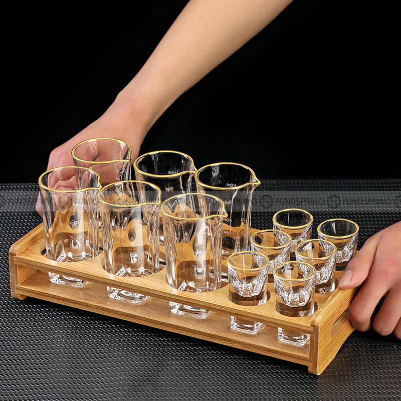 Crystal Glass Wine Dispenser Set Chinese Baijiu Cups with Scale and Wooden Rack Crystal Glass Wine Dispenser Set Chinese Baijiu Cups with Scale and Wooden Rack