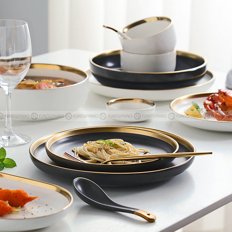 Simplicity Ceramic Tableware Black White With Gold Rim Plates Bowls Simplicity Ceramic Tableware Black White With Gold Rim Plates Bowls