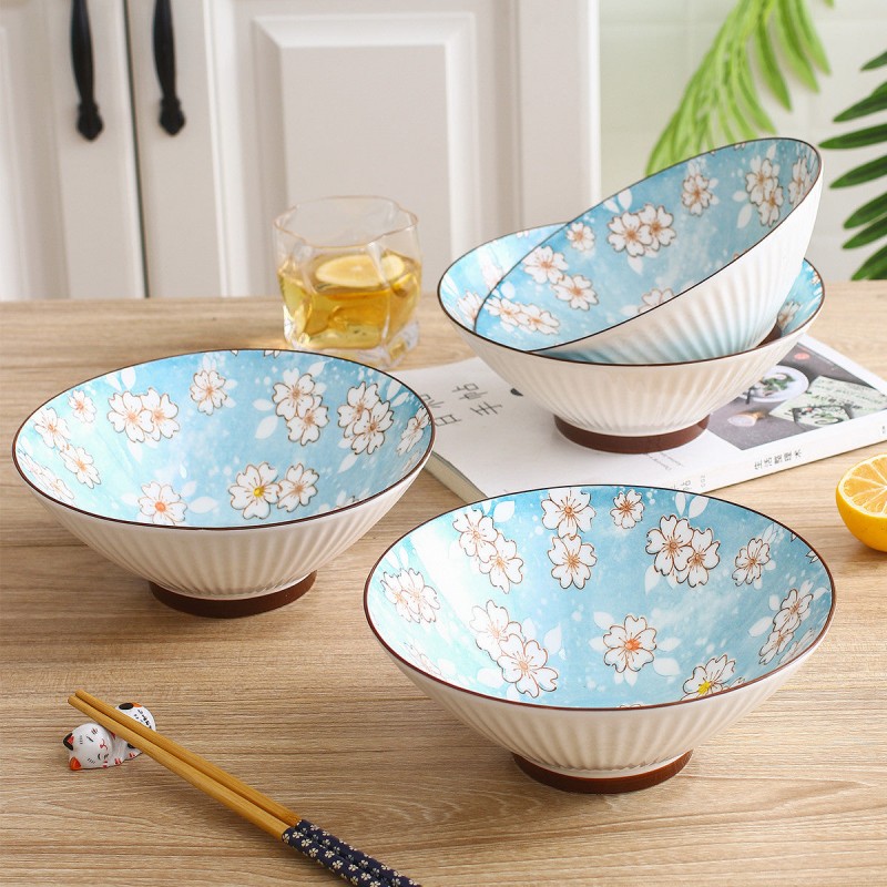 Winter Blossom Harmony: Set of 4 Ceramic Underglaze Bowls, 8 Inches, Snow Sakura Vertical Pattern Winter Blossom Harmony: Set of 4 Ceramic Underglaze Bowls, 8 Inches, Snow Sakura Vertical Pattern
