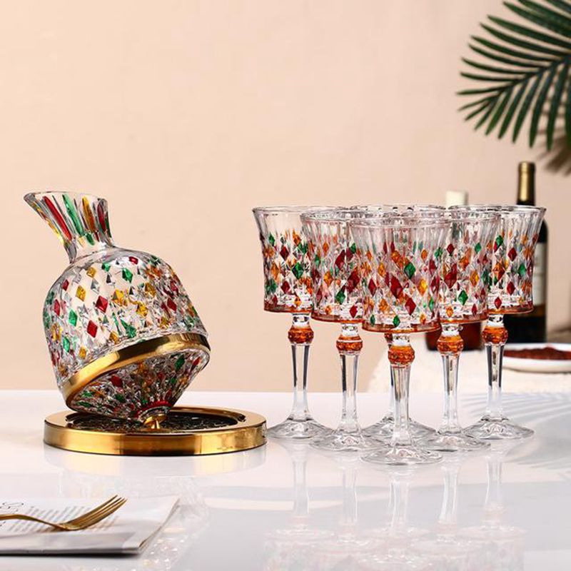 Gyro Decanter with Painted Diamond Colored Wine Glass Wine Deck Set Engraved Glass Gyro Decanter with Painted Diamond Colored Wine Glass Wine Deck Set Engraved Glass