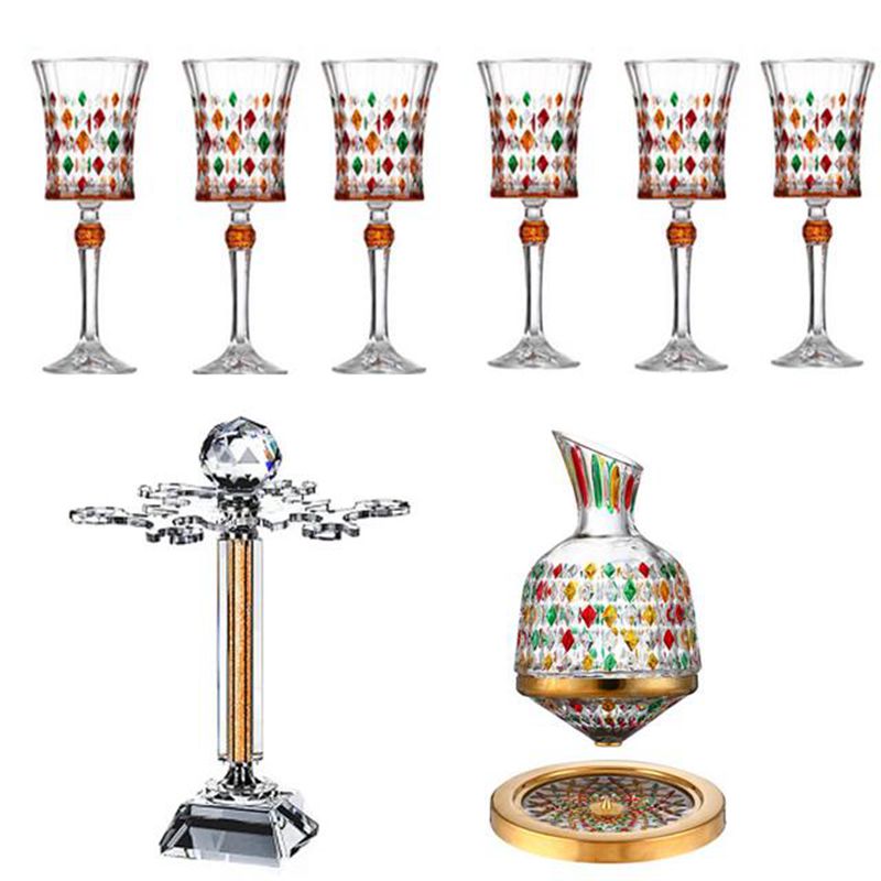 Gyro Decanter with Painted Diamond Colored Wine Glass Wine Deck Set Engraved Glass Gyro Decanter with Painted Diamond Colored Wine Glass Wine Deck Set Engraved Glass
