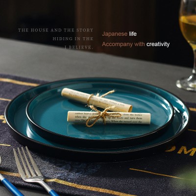 Nordic Peacock Blue Glaze Dinnerware Ceramic Flat Disc Shallow Plate Nordic Peacock Blue Glaze Dinnerware Ceramic Flat Disc Shallow Plate