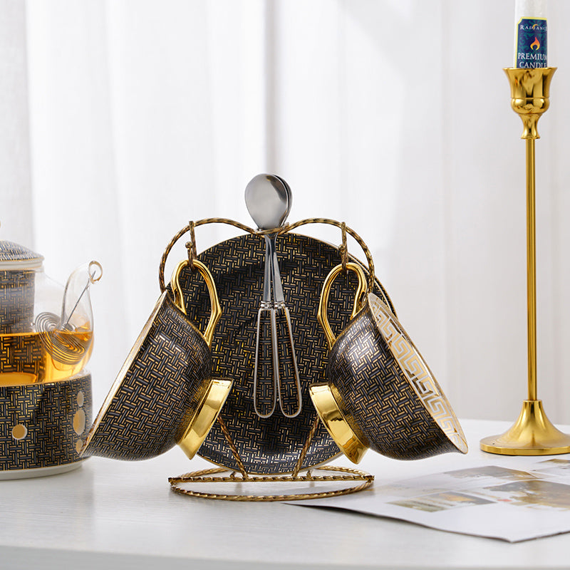 Bone China Tea Set with Infuser and Warmer Black Gold Infinite Grid Flower Coffee Set - 14 Pcs Bone China Tea Set with Infuser and Warmer Black Gold Infinite Grid Flower Coffee Set - 14 Pcs