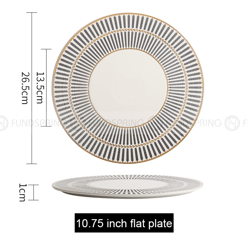 Designer Dinnerware Collection Weiss Series Grey/White with Gold Ring Ceramic Shallow Plate Designer Dinnerware Collection Weiss Series Grey/White with Gold Ring Ceramic Shallow Plate