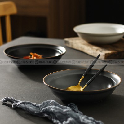 Nordic Matte Deep Dish Disc Korean Creative Brown Line Shallow Bowl 8.5" Nordic Matte Deep Dish Disc Korean Creative Brown Line Shallow Bowl 8.5"