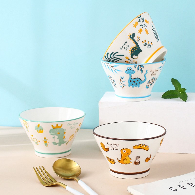 Dino Delight Ceramic Dinner Bowls - Whimsical Hat Shape, 5'' Dino Delight Ceramic Dinner Bowls - Whimsical Hat Shape, 5''