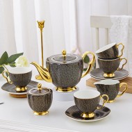 Gold Gilded Bone China Tea Set with Black Gold Infinite Grid Coffee Set Tea Set with Pot 15 Pcs