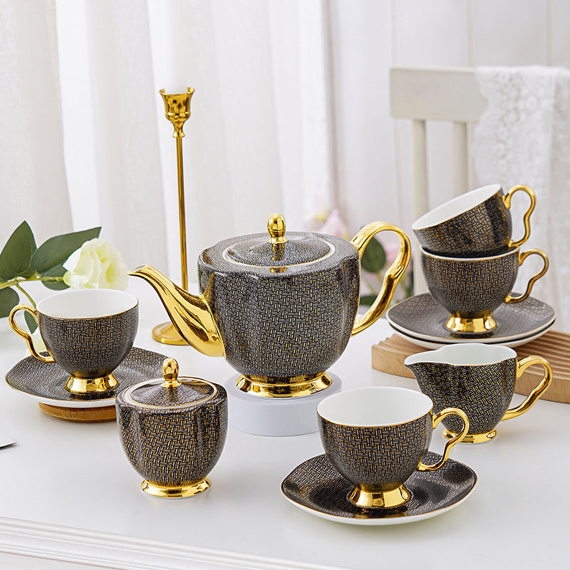 Gold Gilded Bone China Tea Set with Black Gold Infinite Grid Coffee Set Tea Set with Pot 15 Pcs Gold Gilded Bone China Tea Set with Black Gold Infinite Grid Coffee Set Tea Set with Pot 15 Pcs