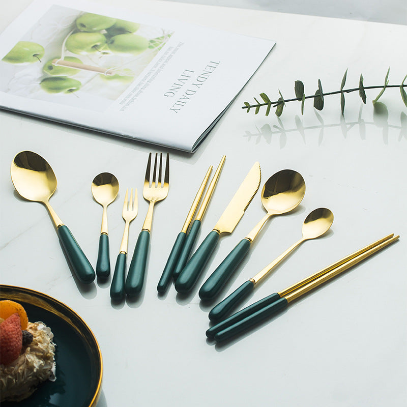 Modern Flatware Set Stainless Steel Gold Knife, Spoon, and Fork With Ceramic Handle Modern Flatware Set Stainless Steel Gold Knife, Spoon, and Fork With Ceramic Handle