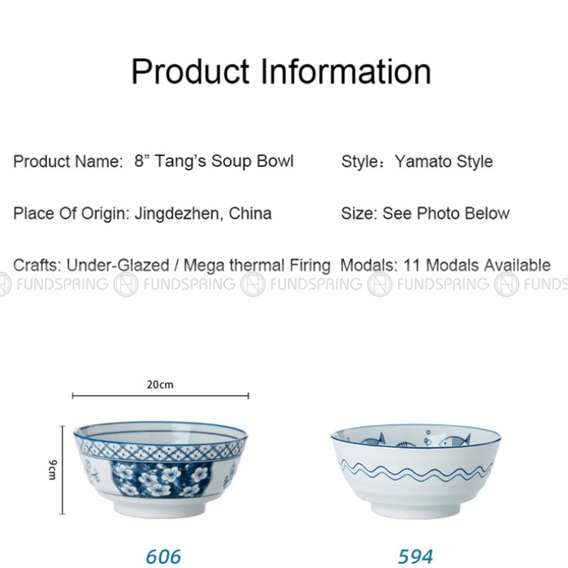 Japanese Blue and White Ceramic Soup Bowl Underglazed 8" Set of 2 Japanese Blue and White Ceramic Soup Bowl Underglazed 8" Set of 2