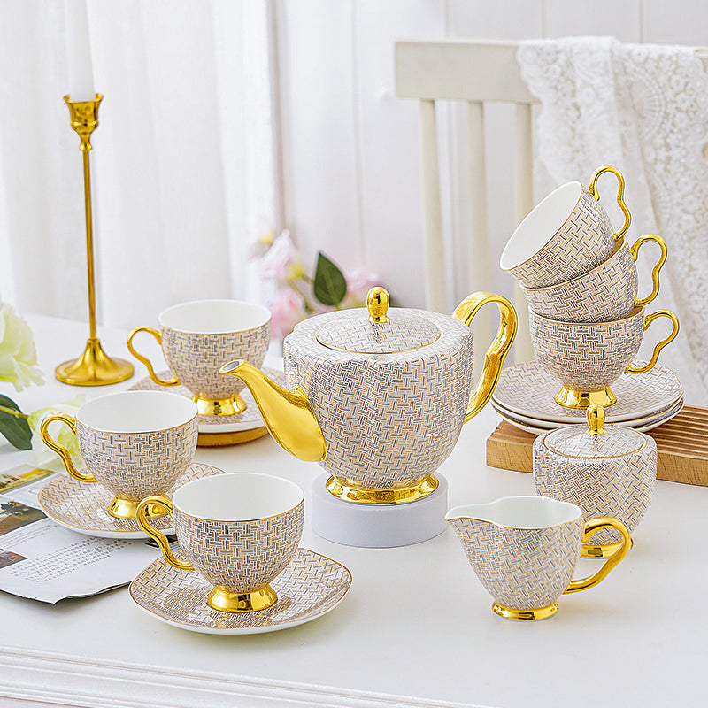 Bone China Coffee and Tea Set Gold Gilded Elegant Grey and Gold Infinite Grid - 15 Pieces Bone China Coffee and Tea Set Gold Gilded Elegant Grey and Gold Infinite Grid - 15 Pieces