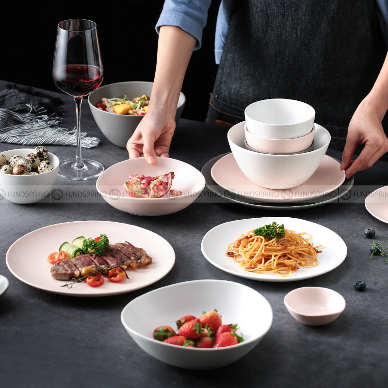 Nordic Morandi Matte Dinnerware Pink/White/Grey Ceramic Tableware Set Nordic Morandi Matte Dinnerware Pink/White/Grey Ceramic Tableware Set