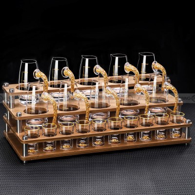 Golden Elegance: Baijiu Glass Spirit Cups Ensemble with Dispenser and Rack Golden Elegance: Baijiu Glass Spirit Cups Ensemble with Dispenser and Rack