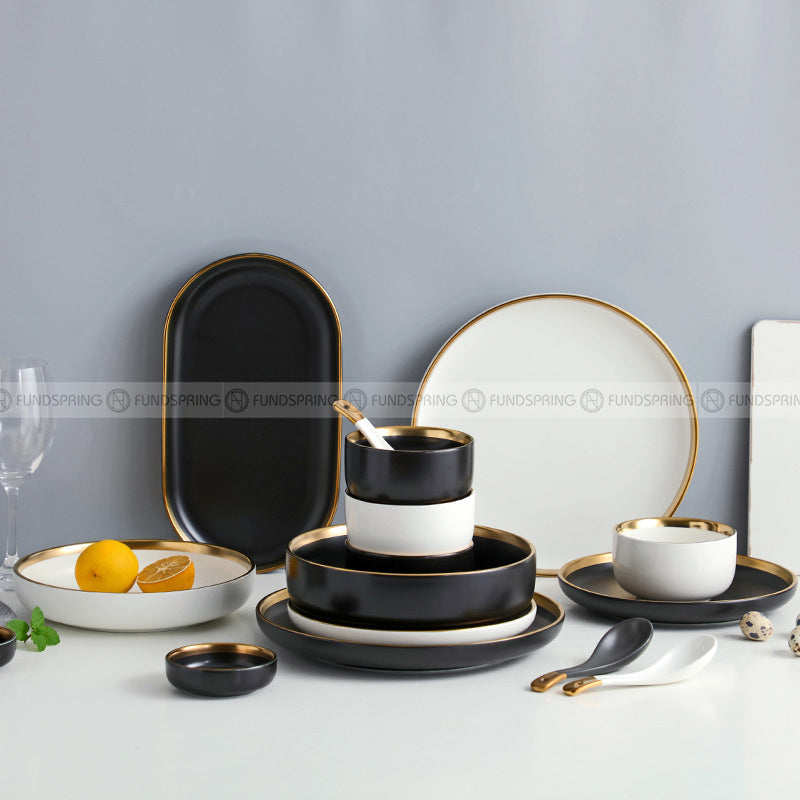 Simplicity Ceramic Tableware Black White With Gold Rim Plates Bowls