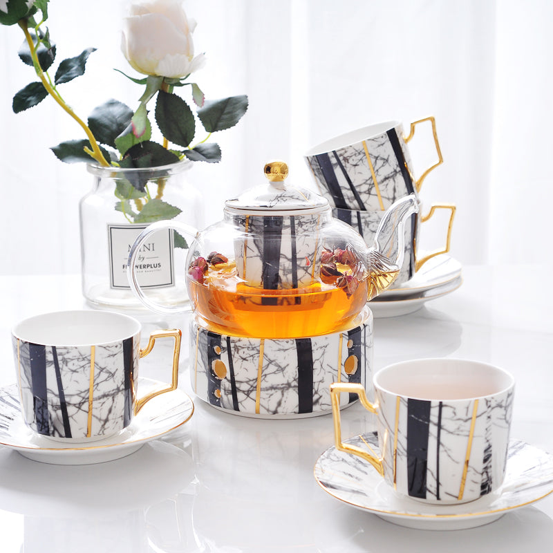 Bone China Tea Set with Infuser and Warmer, Marble Pattern, Glass Teapot and Tea Cups with Saucers - Set of 10 Bone China Tea Set with Infuser and Warmer, Marble Pattern, Glass Teapot and Tea Cups with Saucers - Set of 10