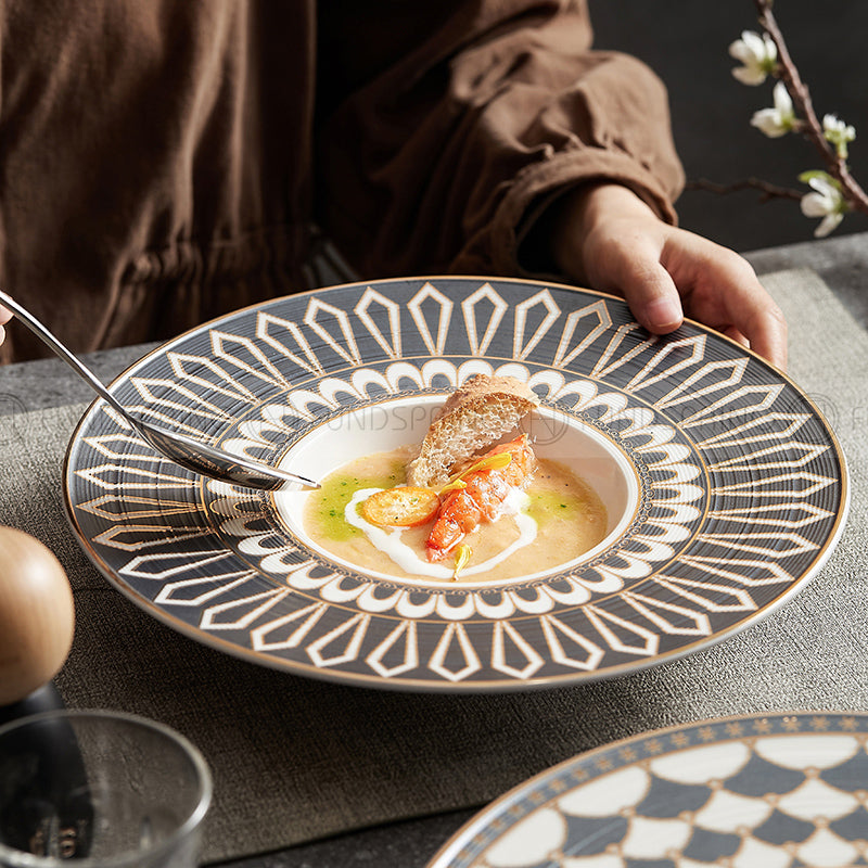 Nordic Straw Hat Plate Weiss Series Ceramic Soup Plate Shallow Bowl White/Grey/Gold 11" Nordic Straw Hat Plate Weiss Series Ceramic Soup Plate Shallow Bowl White/Grey/Gold 11"