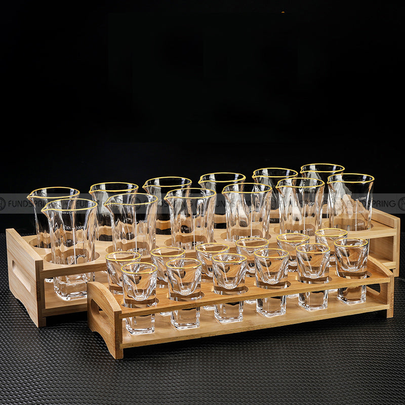 Crystal Glass Wine Dispenser Set Chinese Baijiu Cups with Scale and Wooden Rack