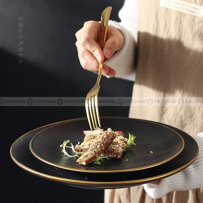 Ceramic Round Plate With Golden Edge Frosted Black Plates Flat Plates Ceramic Round Plate With Golden Edge Frosted Black Plates Flat Plates