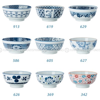 Blue and White Ceramic Bowl Under Glazed Japan Style 6" Bowl Set of 4