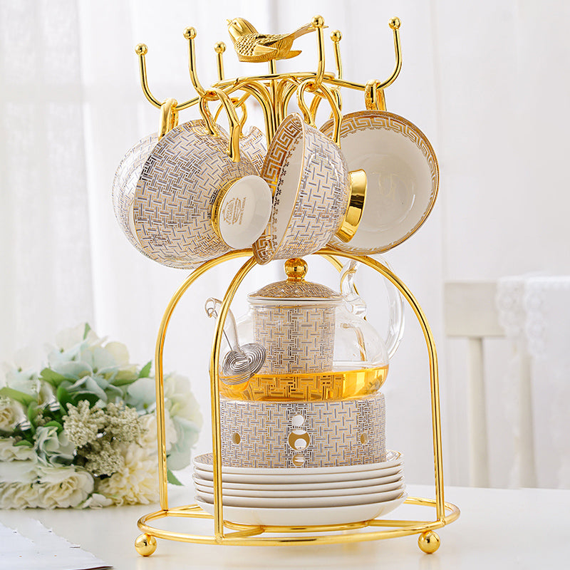 Tea Set with Infuser and Warmer Grey Gold Infinite Grid Bone China Flower Teapot Set - 14 Pieces Tea Set with Infuser and Warmer Grey Gold Infinite Grid Bone China Flower Teapot Set - 14 Pieces