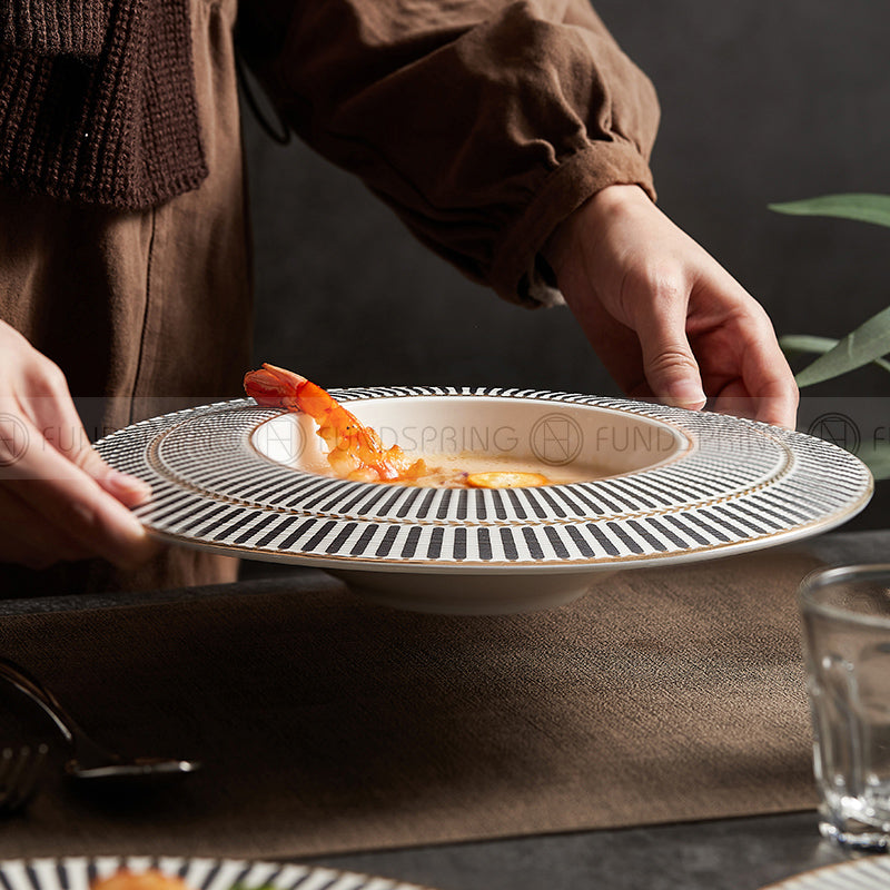 Designer Dinnerware Collection Weiss Series Grey/White with Gold Ring Ceramic Shallow Plate Designer Dinnerware Collection Weiss Series Grey/White with Gold Ring Ceramic Shallow Plate