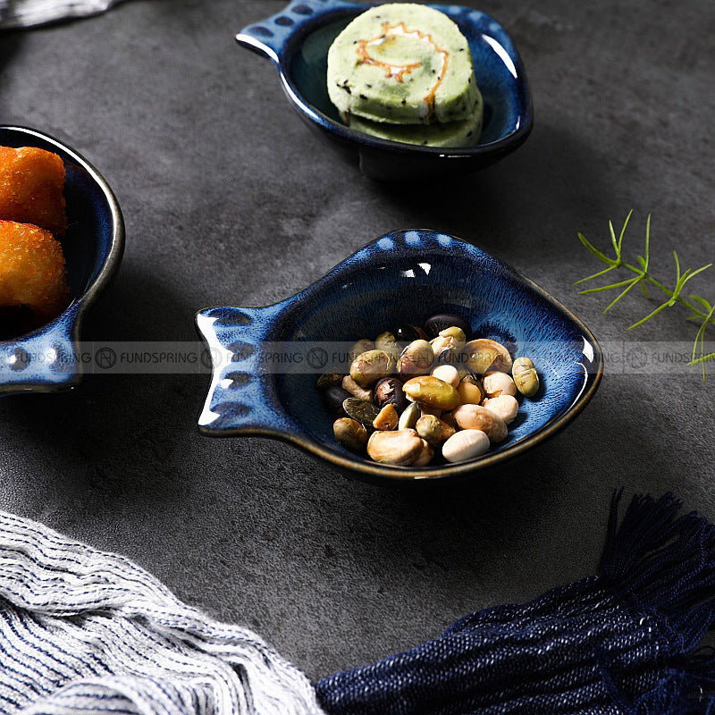 Blue Glaze Ceramic Seasoning Dish Small Fish-shape Dipping Saucer Blue Glaze Ceramic Seasoning Dish Small Fish-shape Dipping Saucer