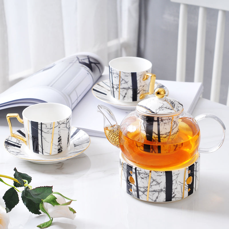 Bone China Tea Set with Infuser and Warmer, Marble Pattern, Glass Teapot and Tea Cups with Saucers - Set of 10 Bone China Tea Set with Infuser and Warmer, Marble Pattern, Glass Teapot and Tea Cups with Saucers - Set of 10