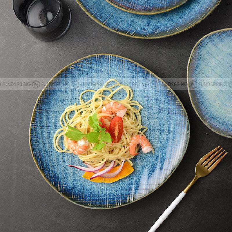 Denim Blue Dinner Plate Kiln Changed Ceramic Dinnerware Set of 4 Denim Blue Dinner Plate Kiln Changed Ceramic Dinnerware Set of 4