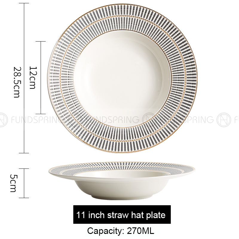 Nordic Straw Hat Plate Weiss Series Ceramic Soup Plate Shallow Bowl White/Grey/Gold 11" Nordic Straw Hat Plate Weiss Series Ceramic Soup Plate Shallow Bowl White/Grey/Gold 11"